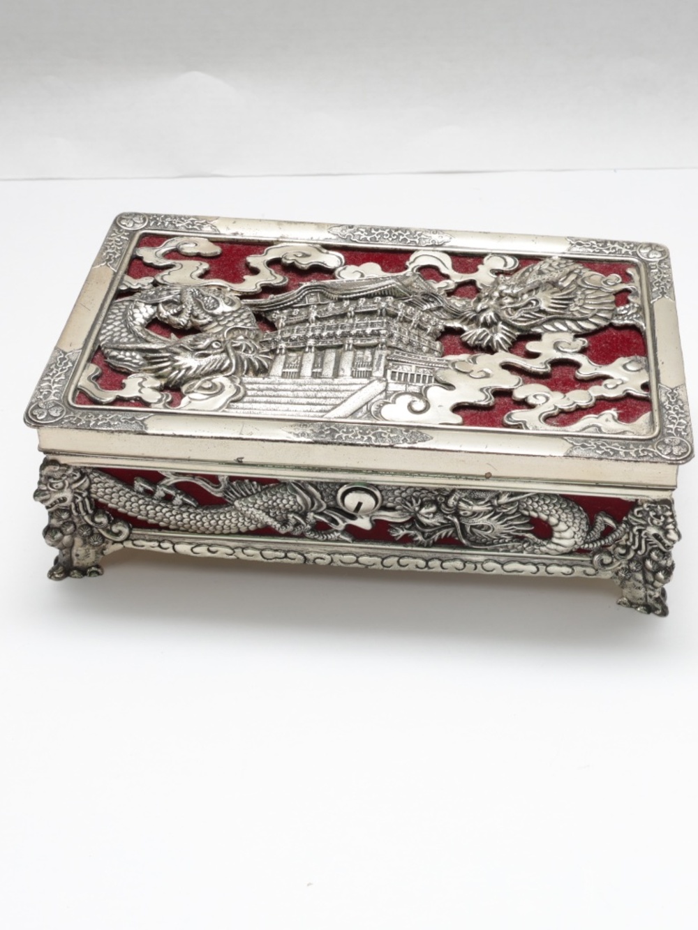 Vintage Dragon metal Jewelry box Japan Heavy Ornate with a key